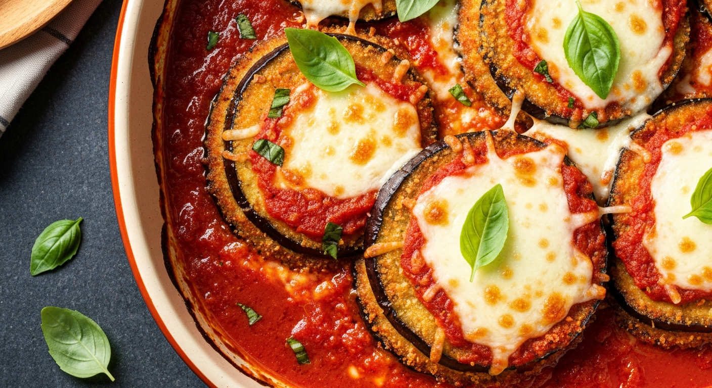 Best eggplant parmesan — crispy breaded eggplant layered with marinara and melted mozzarella cheese, baked golden and bubbling