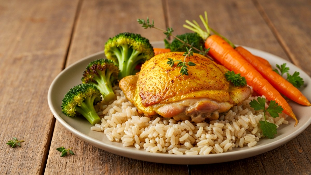 Golden turmeric anti-inflammatory chicken bowl with brown rice and roasted vegetables