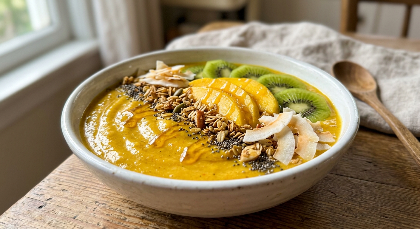 Anti-inflammatory smoothie bowl with turmeric, berries and seeds