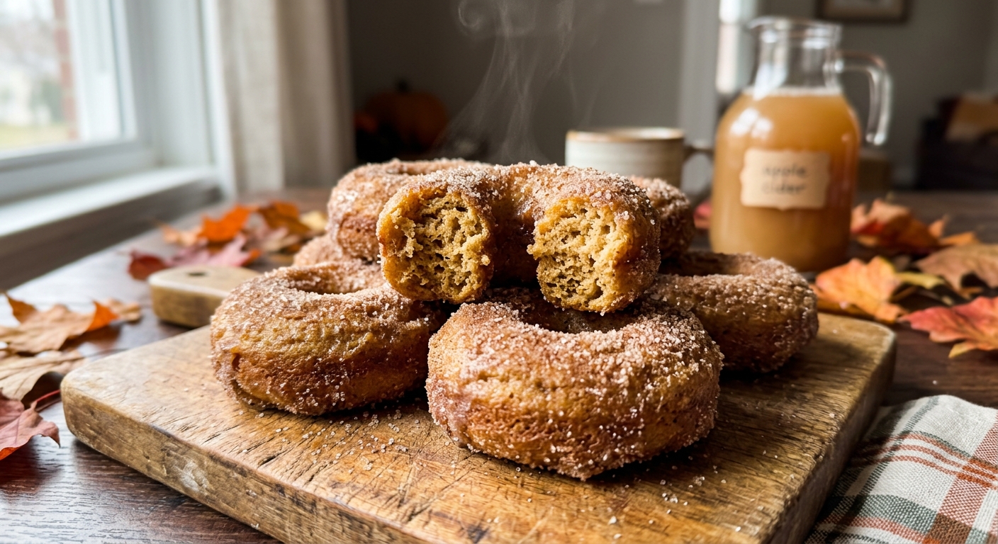 Golden baked apple cider donuts coated in cinnamon sugar