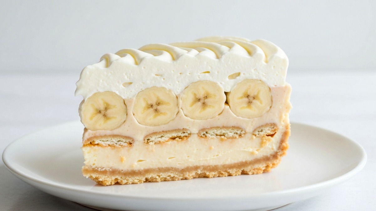 Slice of no-bake banana pudding cheesecake with vanilla wafer crust and whipped cream topping