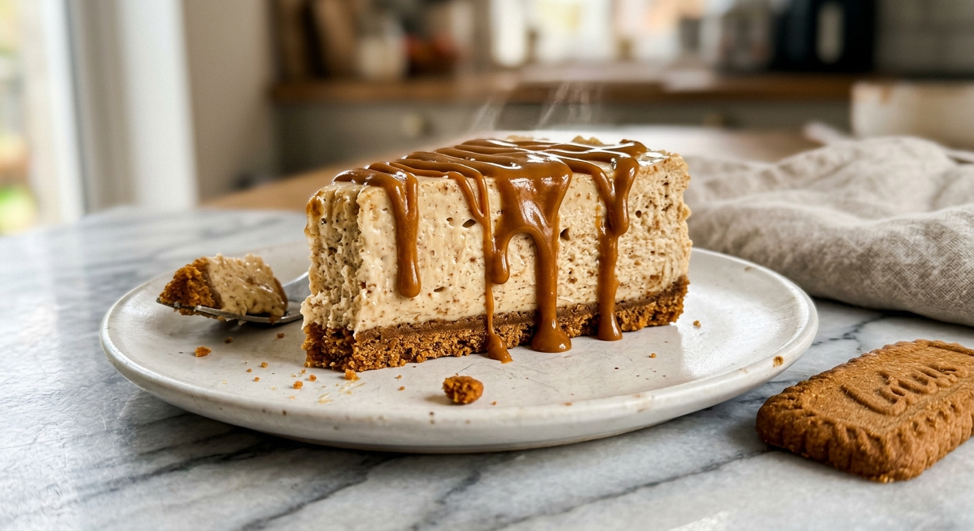 Biscoff cheesecake with cookie butter drizzle on a plate