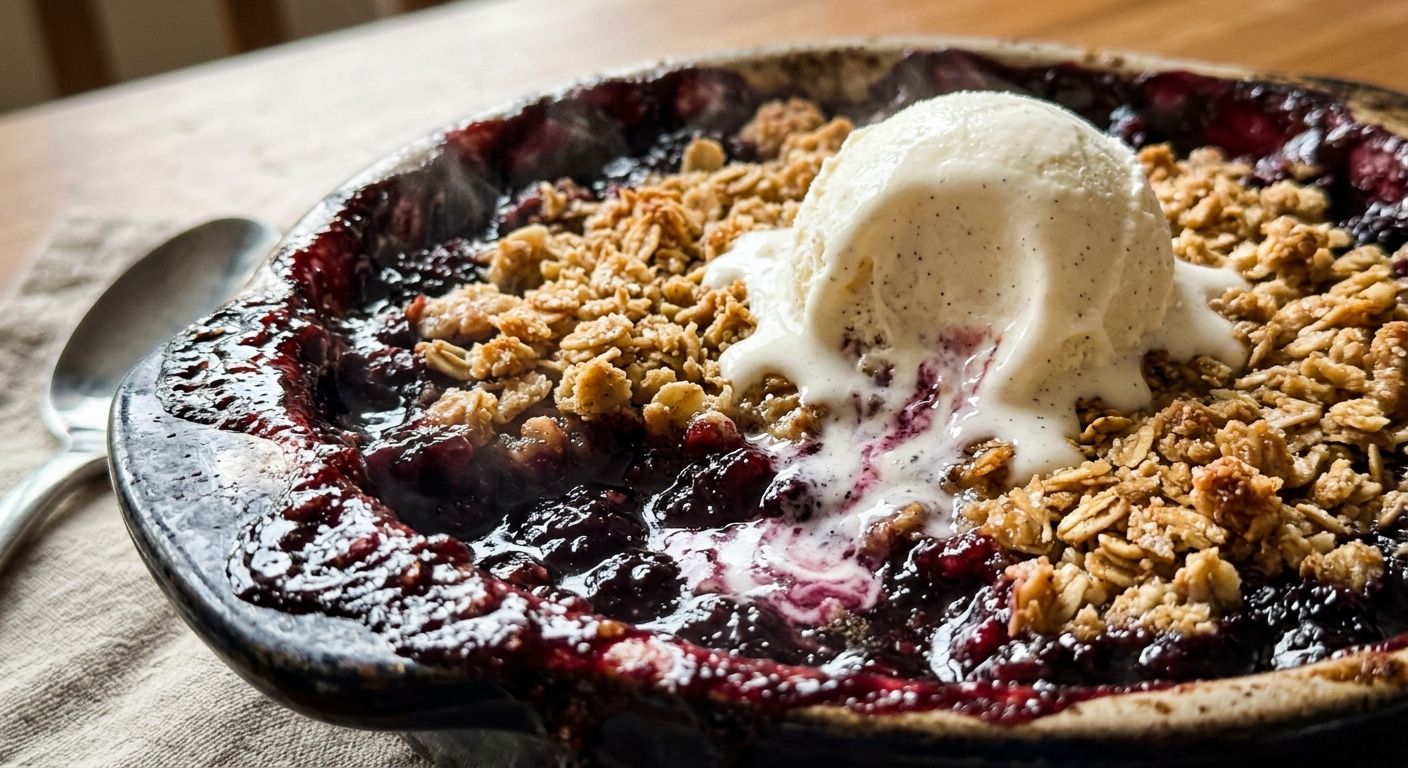 Blackberry crisp with golden oat topping in a baking dish