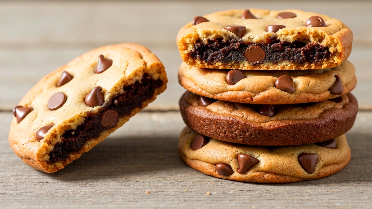 Stack of thick gooey brookies showing fudgy brownie and chocolate chip cookie layers