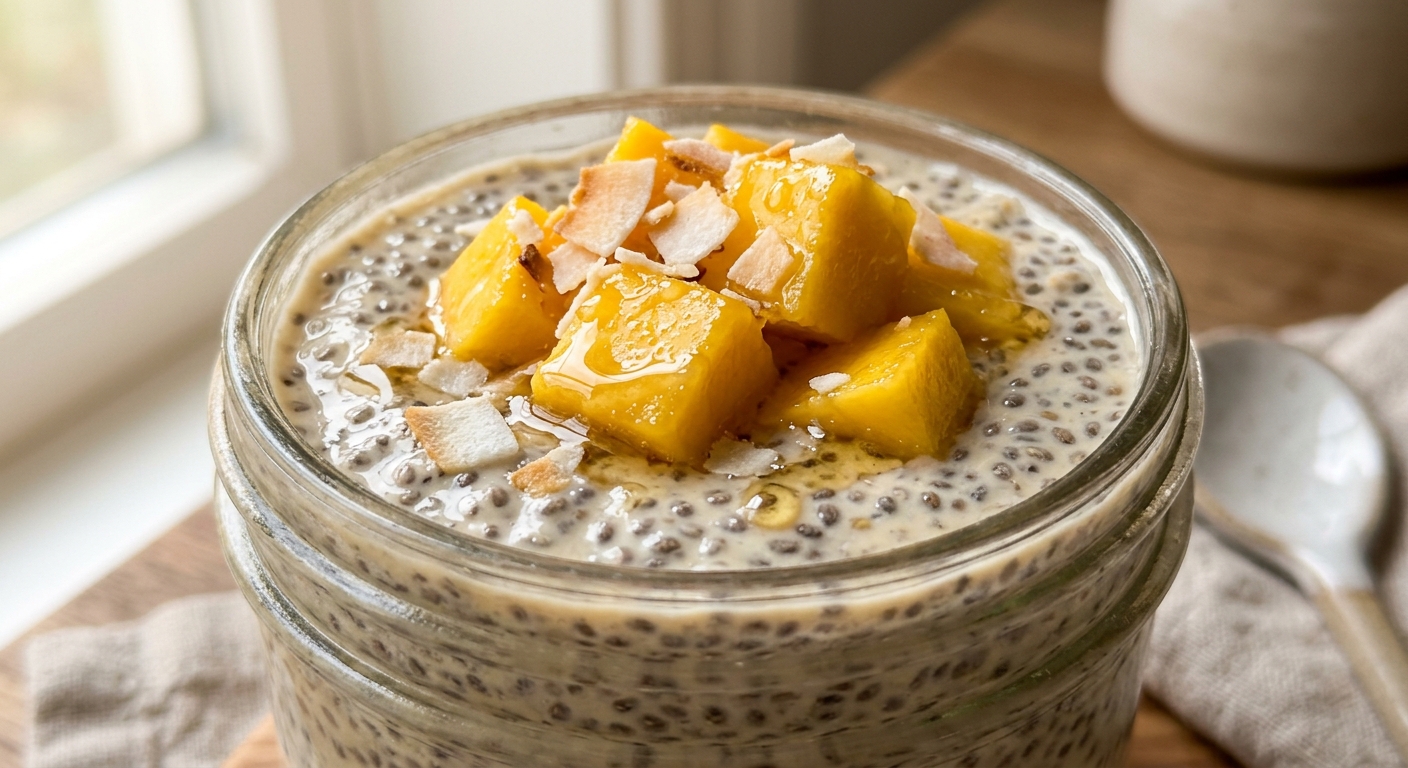 Chia seed pudding with fresh mango and coconut flakes