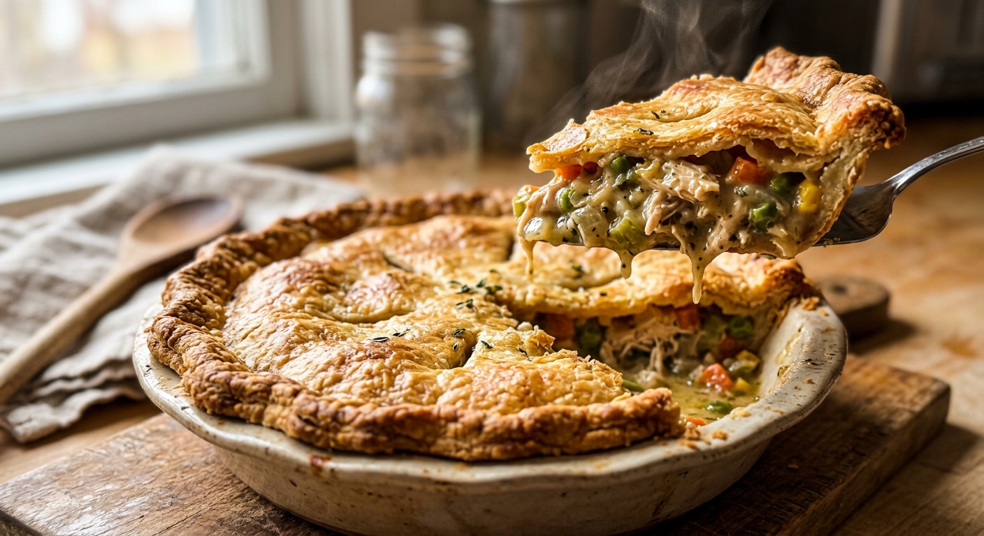 Classic chicken pot pie with golden flaky crust cut open