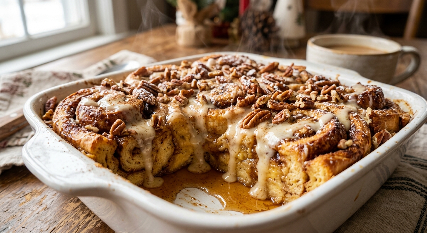 Cinnamon roll french toast casserole with cream cheese glaze