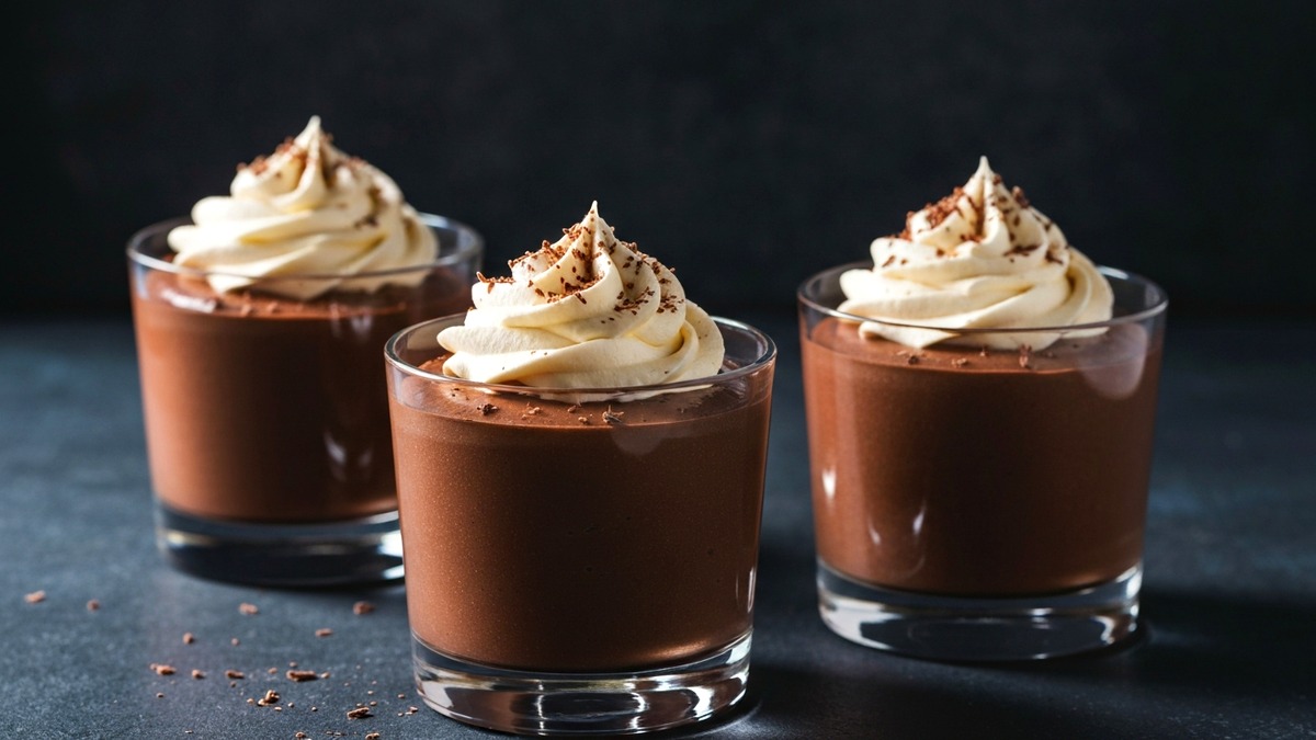 Rich dark chocolate mousse in elegant glasses topped with whipped cream and chocolate shavings