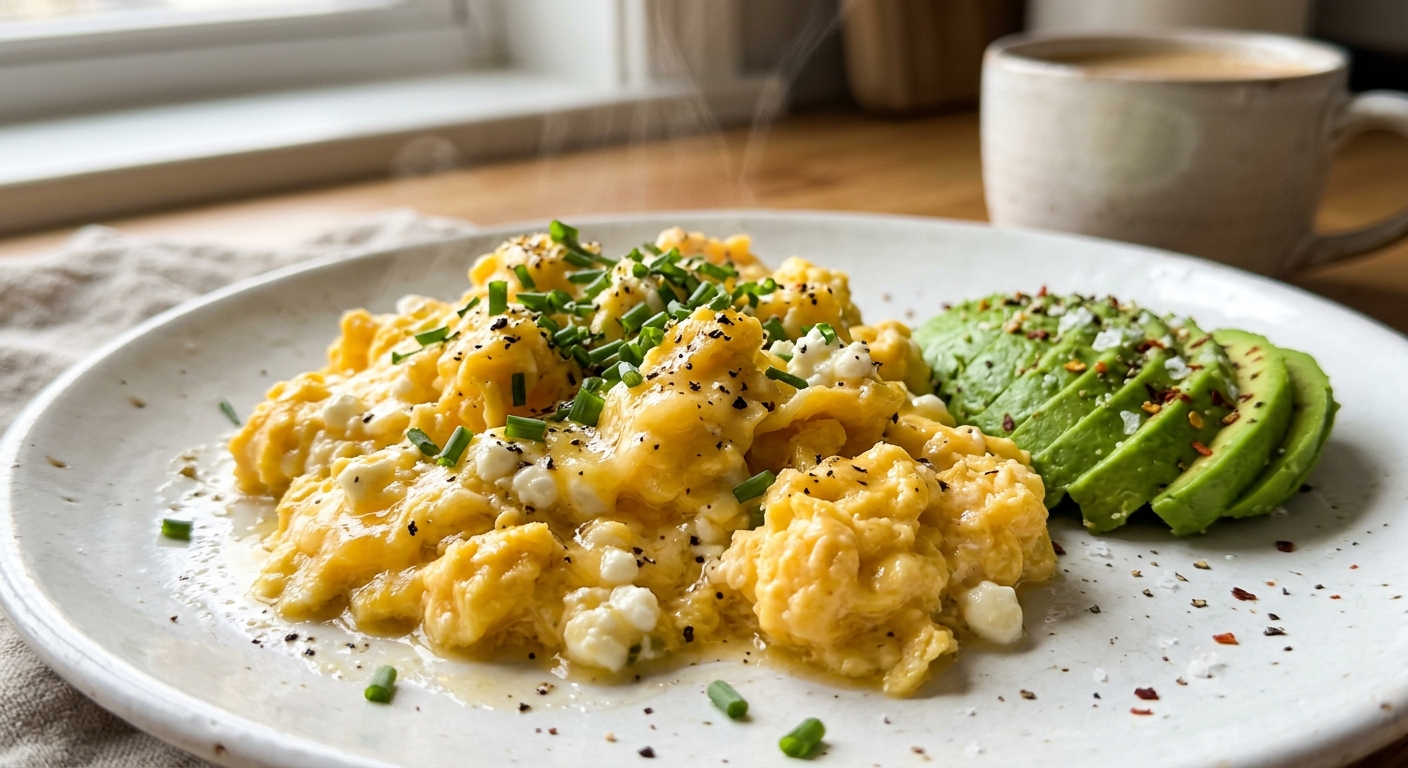 Creamy cottage cheese scrambled eggs on toast