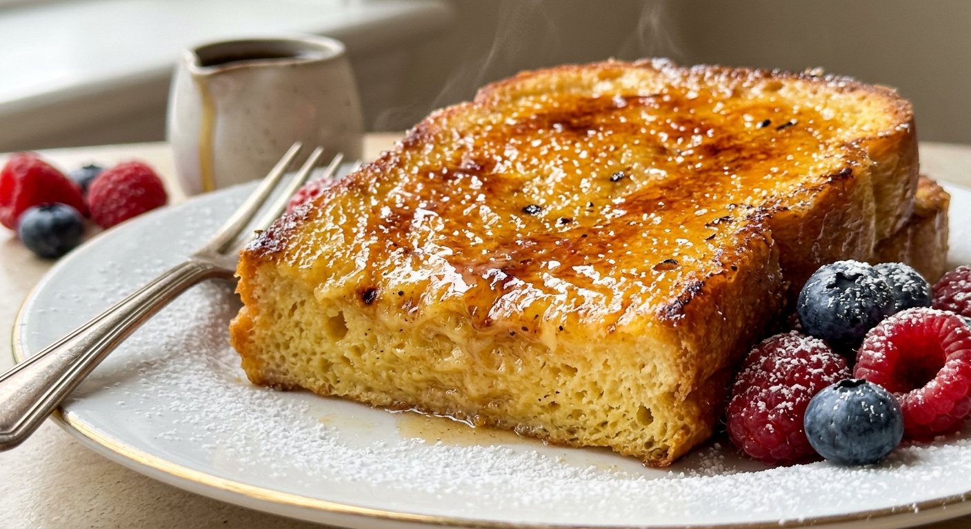 Crème brûlée french toast with caramelized sugar crust