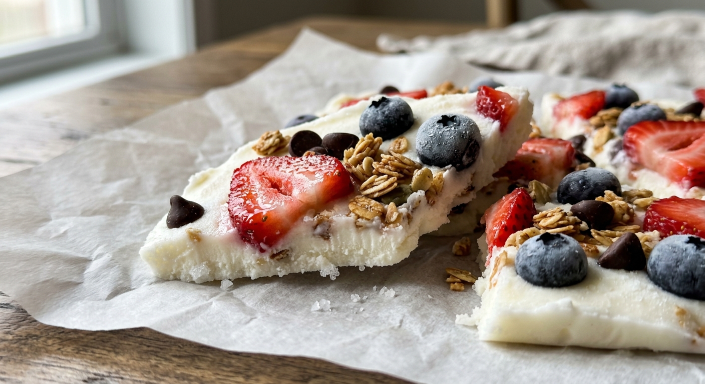 Frozen yogurt bark with fresh berries and granola on parchment paper
