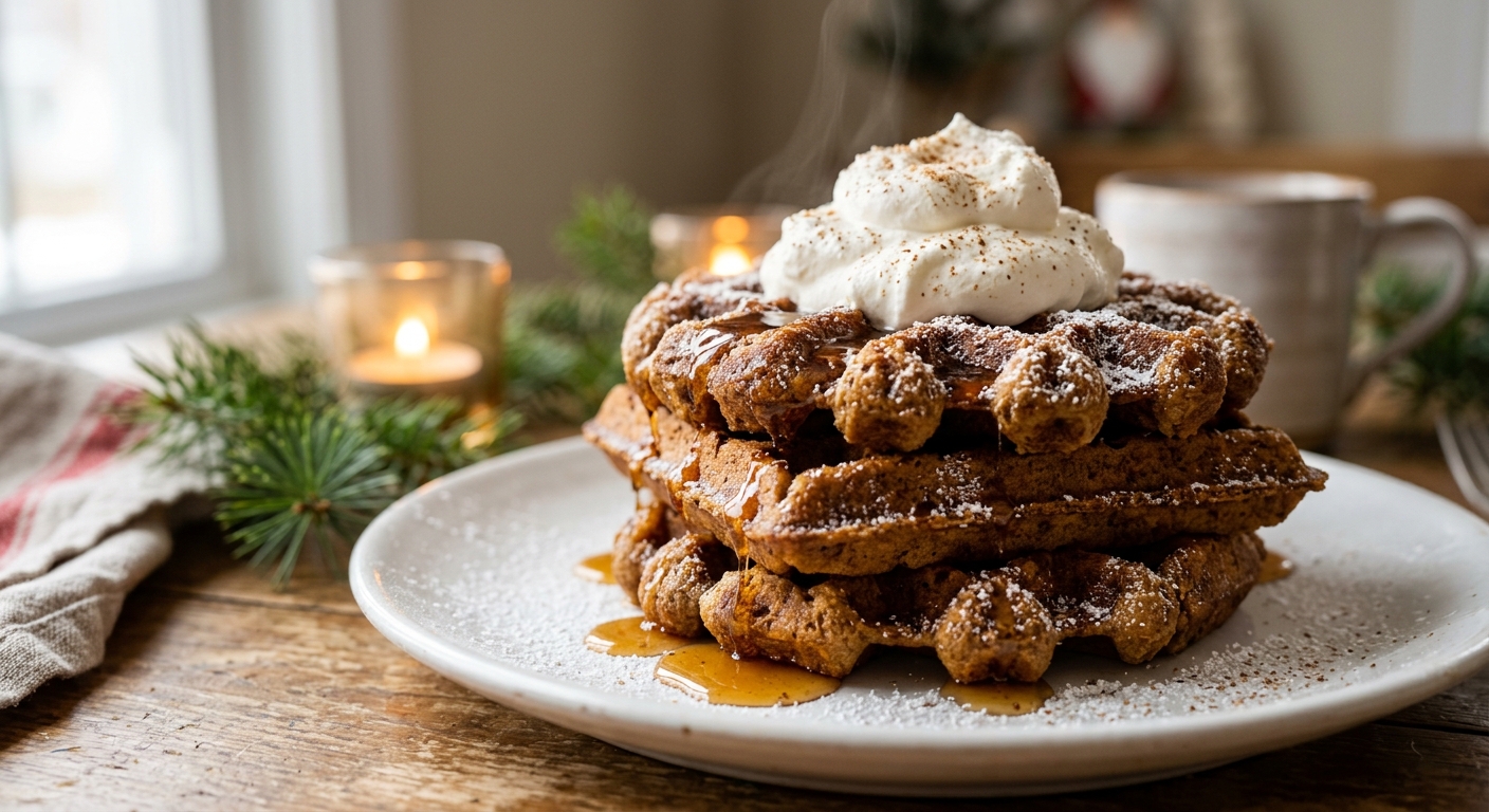 Crispy gingerbread waffles with whipped cream and maple syrup