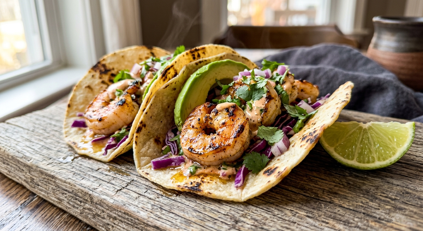 Grilled shrimp tacos with chipotle slaw and avocado crema
