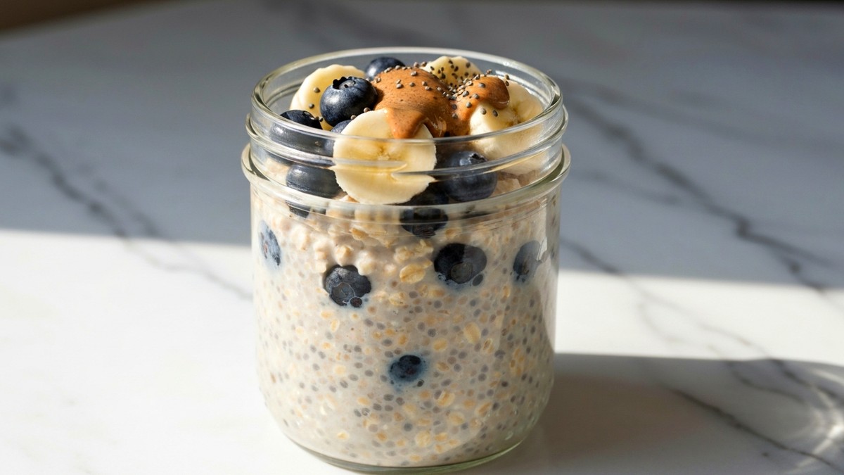 Creamy high-protein overnight oats in a mason jar topped with berries and almond butter