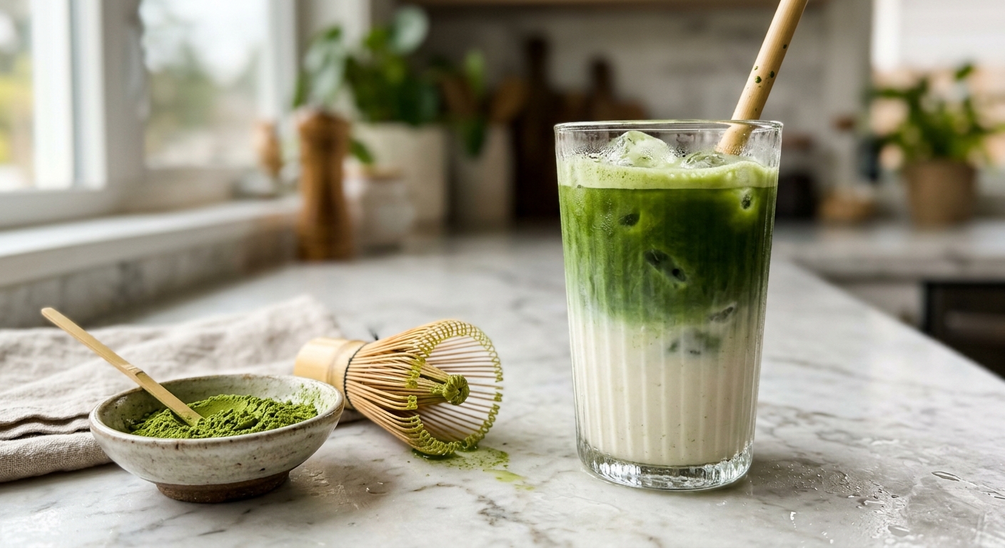 Iced matcha latte with oat milk in a tall glass