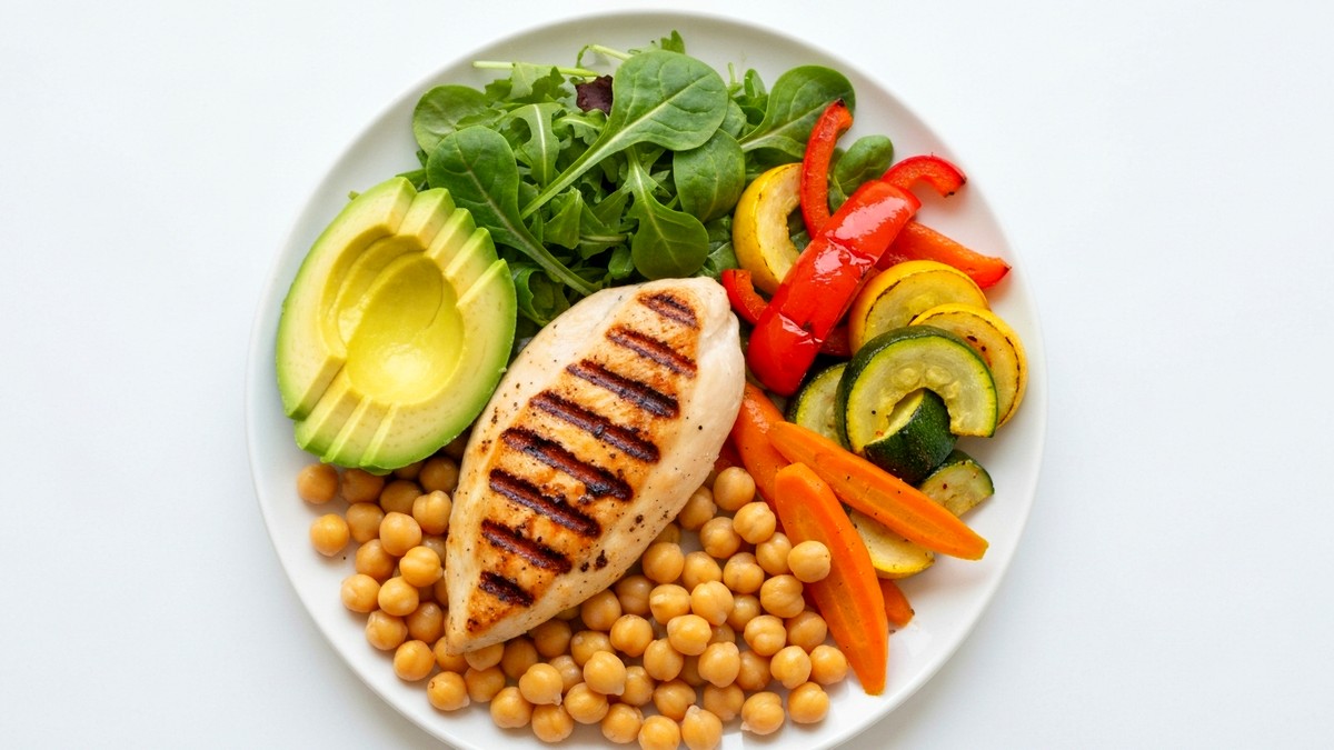 Blood sugar-friendly insulin resistance meal bowl with chicken, chickpeas, avocado and greens