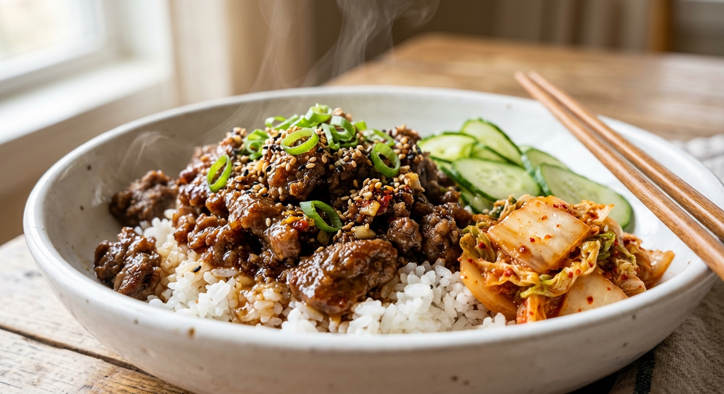 Korean ground beef bowl with rice and sesame seeds