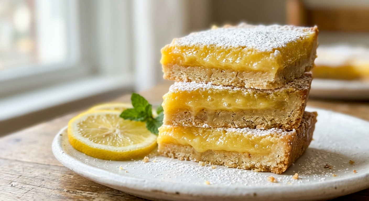 Classic lemon bars dusted with powdered sugar on a board