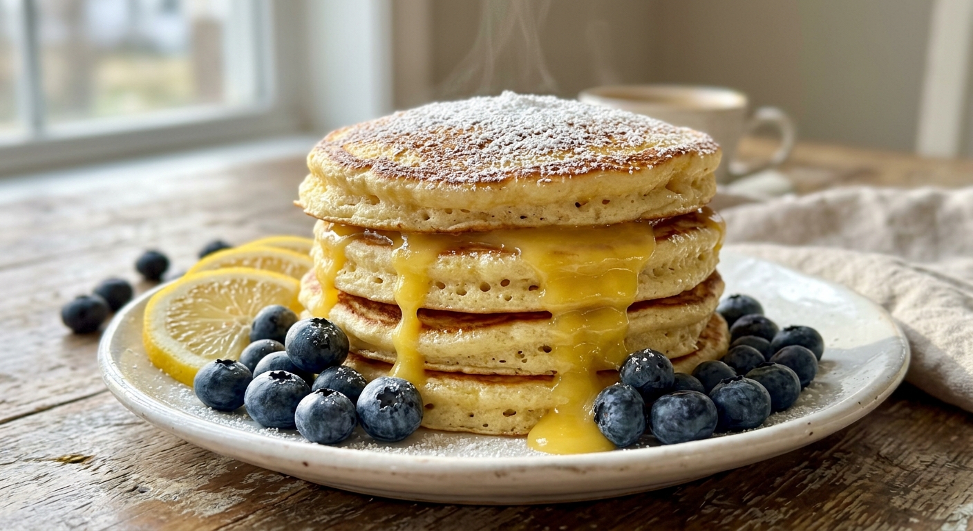 Fluffy lemon ricotta pancakes with fresh berries