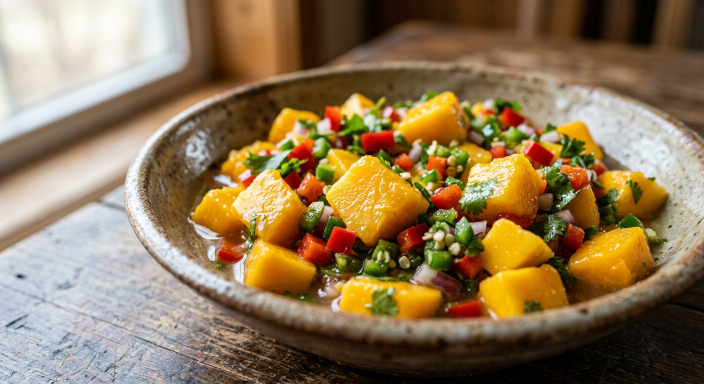Fresh mango salsa with jalapeño, red onion, and cilantro
