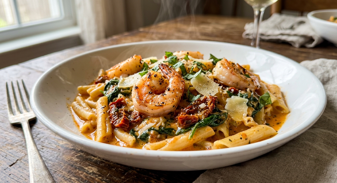 Marry me shrimp pasta in creamy sun-dried tomato sauce