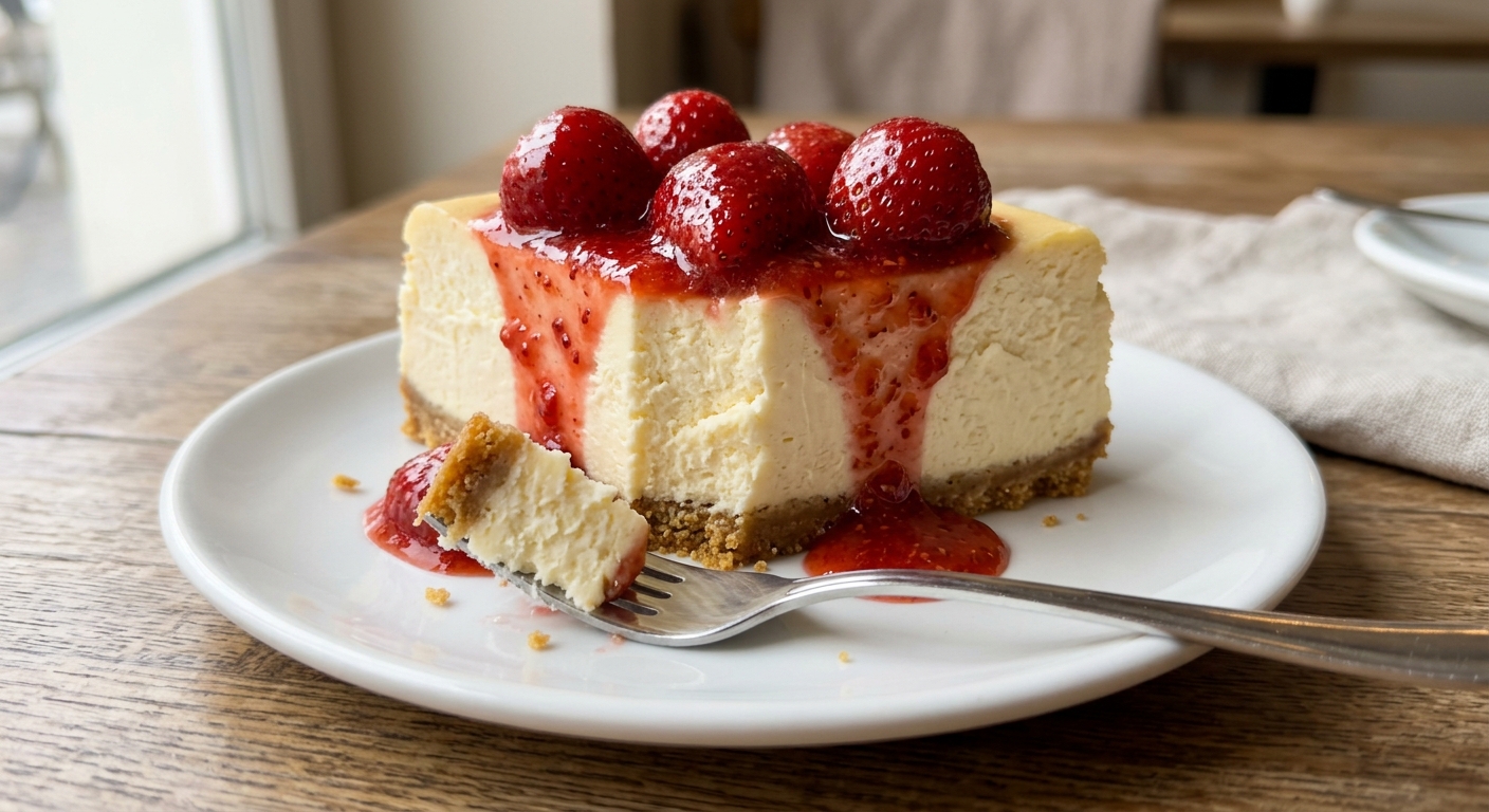 Classic New York cheesecake slice with graham cracker crust