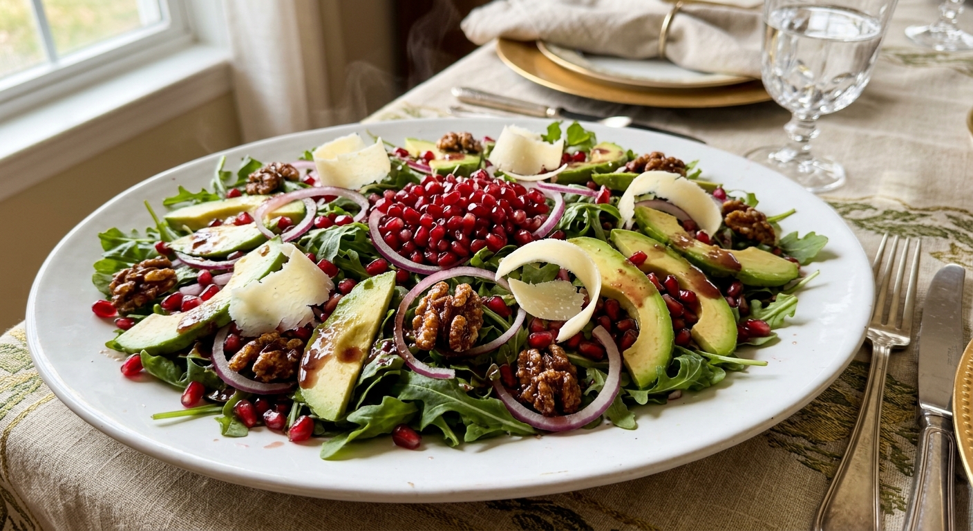 Pomegranate arugula salad with candied walnuts and shaved Parmesan on a platter