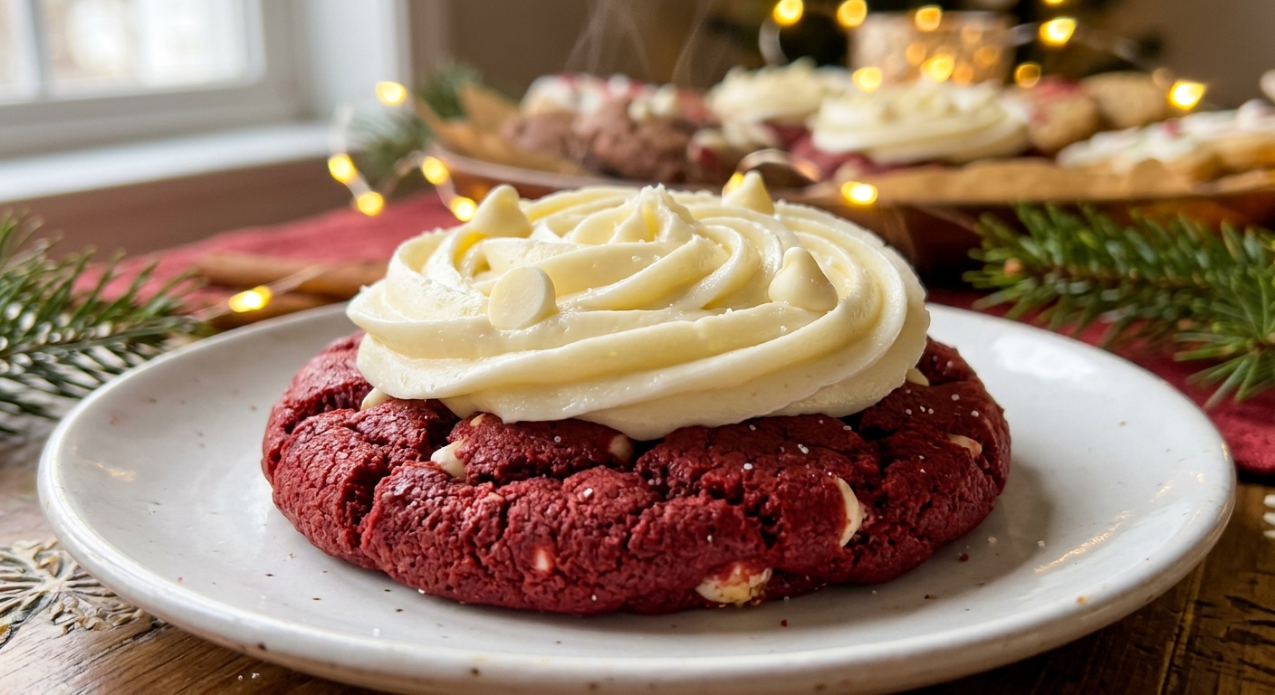 Red velvet cookies with cream cheese frosting drizzle
