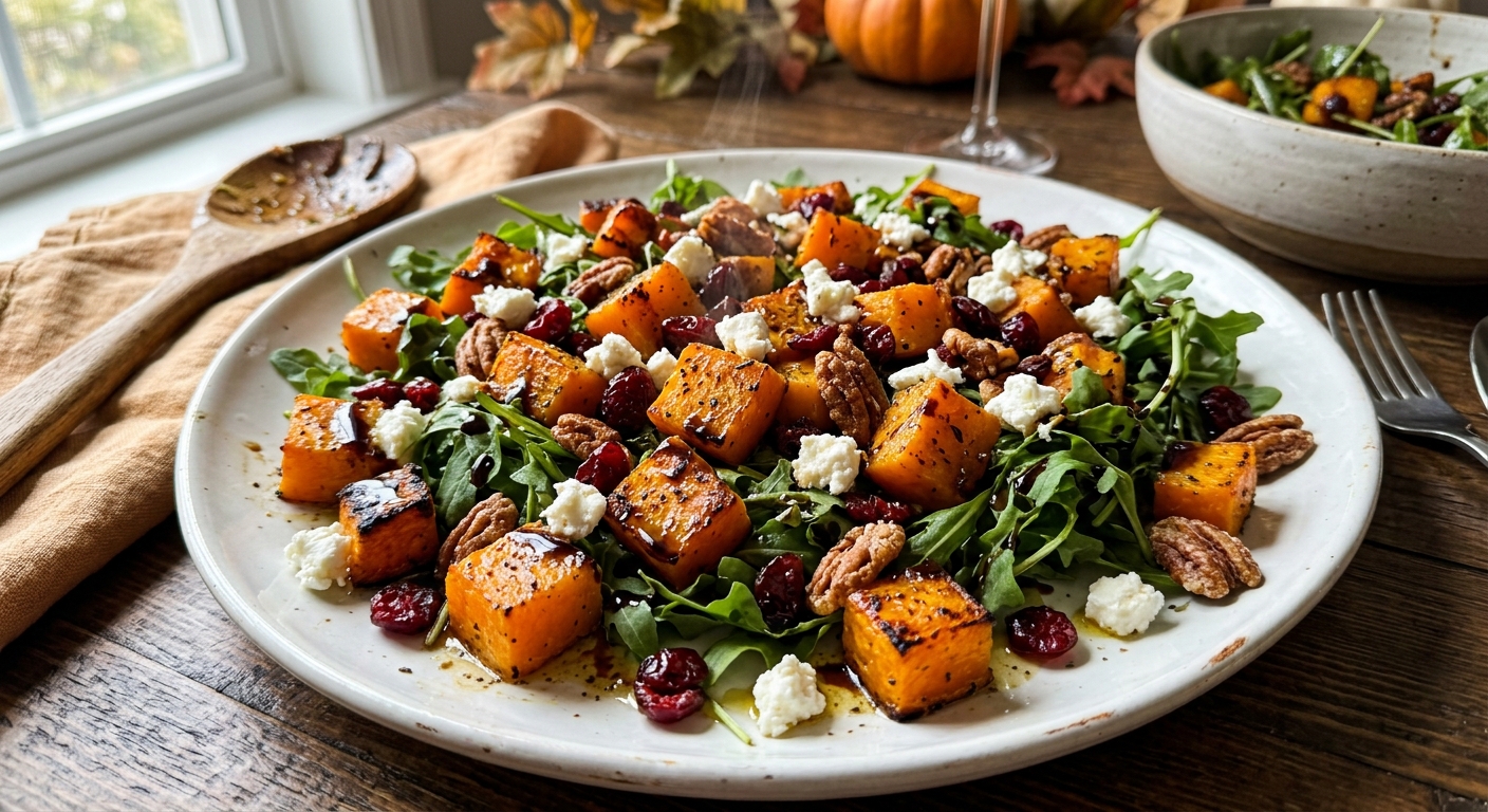 Roasted butternut squash salad with pecans, cranberries, and maple dressing