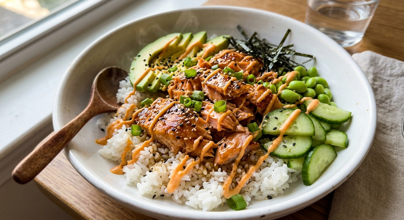 Salmon rice bowl with cucumber, avocado and spicy mayo
