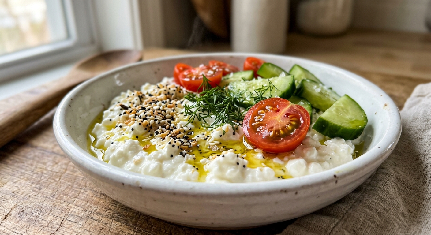 Savory cottage cheese bowl with vegetables and everything bagel seasoning