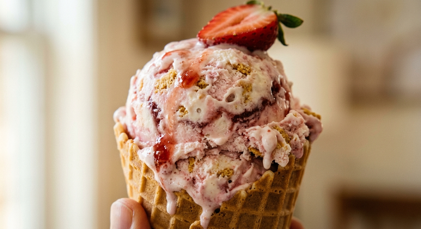 No-churn strawberry cheesecake ice cream scoops with strawberry swirl