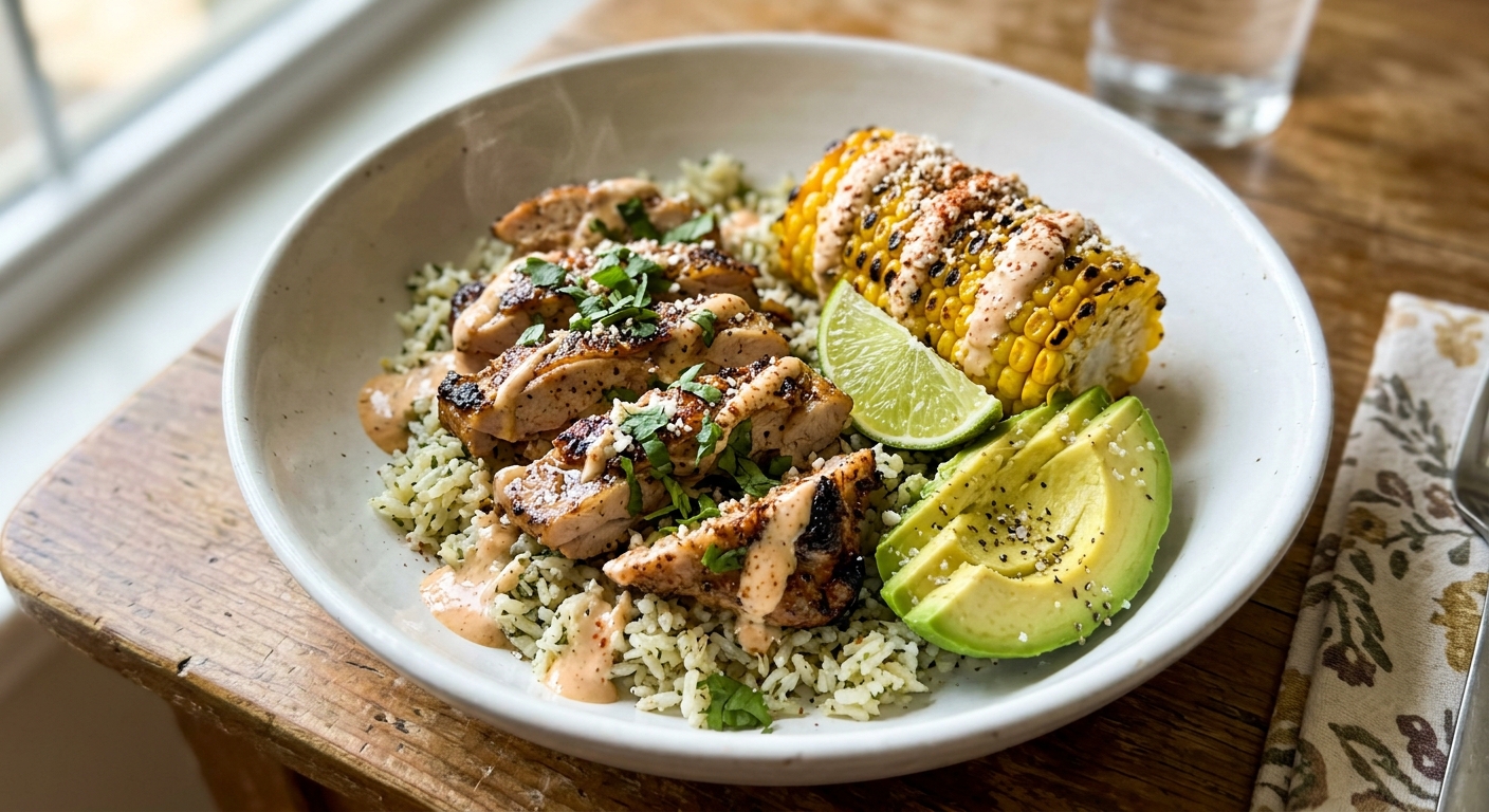 Street corn chicken rice bowl with elote toppings