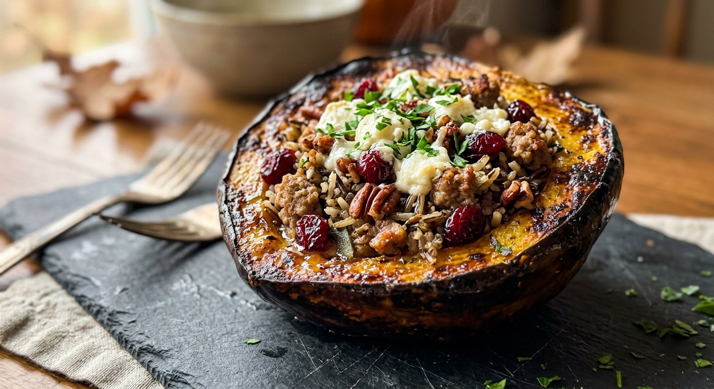 Stuffed acorn squash halves with wild rice and cranberry filling