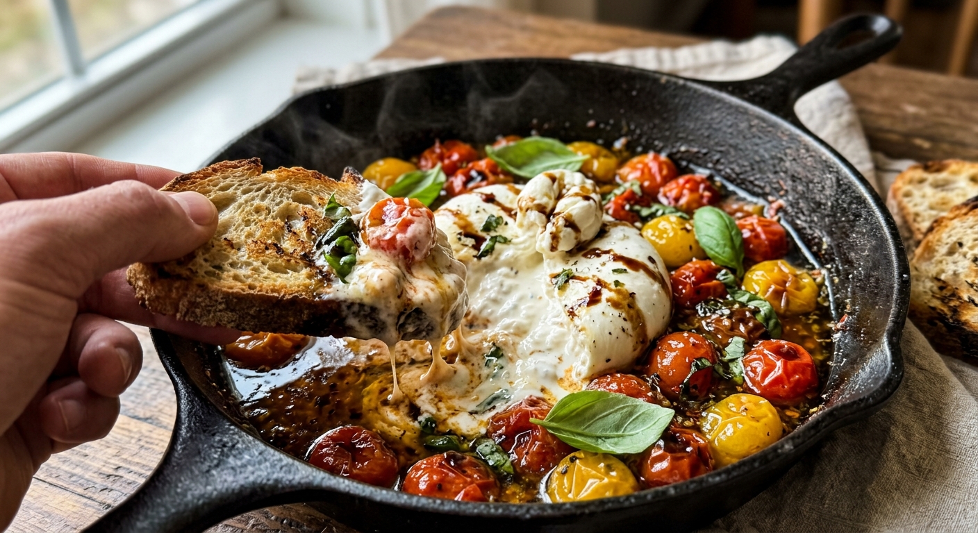Tomato burrata dip with roasted cherry tomatoes and crusty bread
