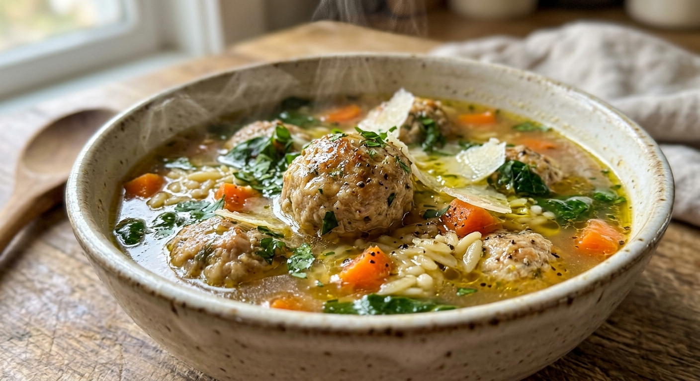 Turkey meatball soup with vegetables and pasta in a light broth