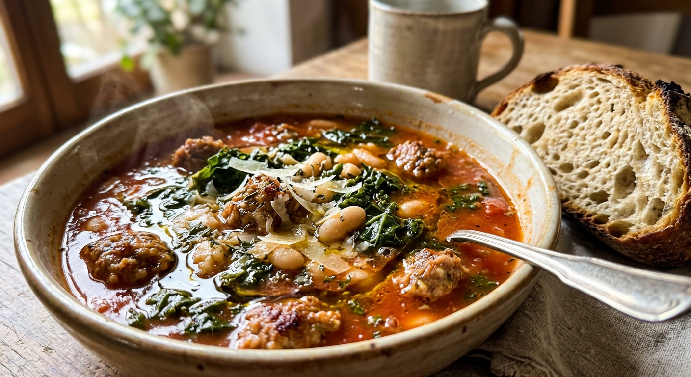 Tuscan white bean soup with kale and crusty bread