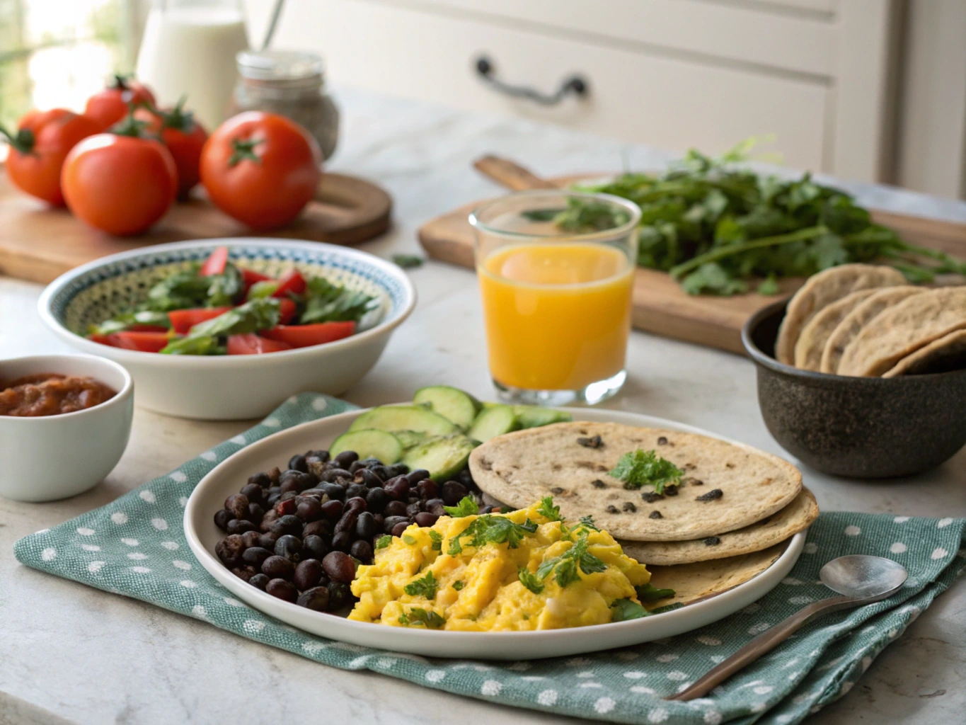 A balanced breakfast with scrambled eggs, black beans, vegetables, and tortillas.