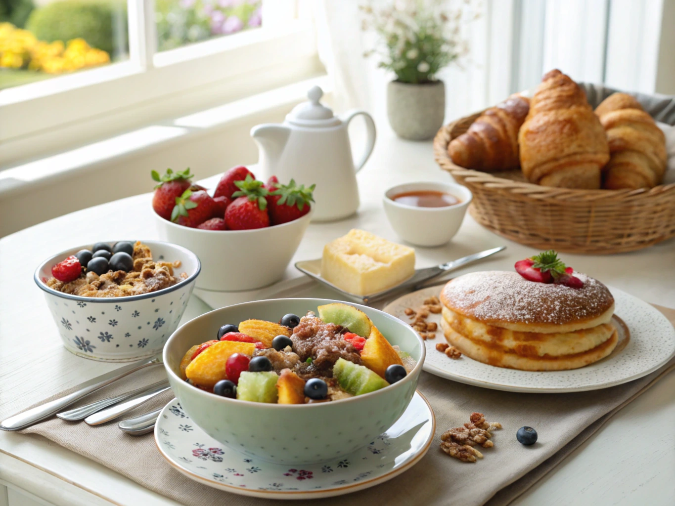 Bright breakfast table featuring a smoothie bowl, croissants with fruits, and a pancake casserole, perfect for easy morning meals.