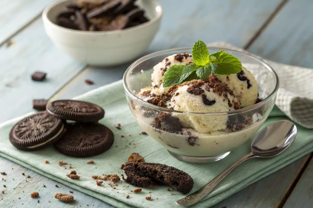 Hy-Vee To-Go Cookies & Cream Mix served in a bowl with cookie crumbs and mint garnish.