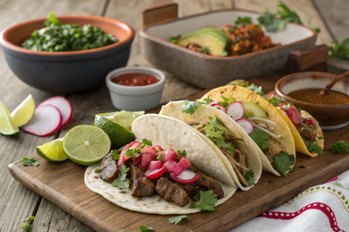 An artfully arranged taco plate with beef, chicken, and vegetarian tacos, garnished with fresh herbs and lime wedges.