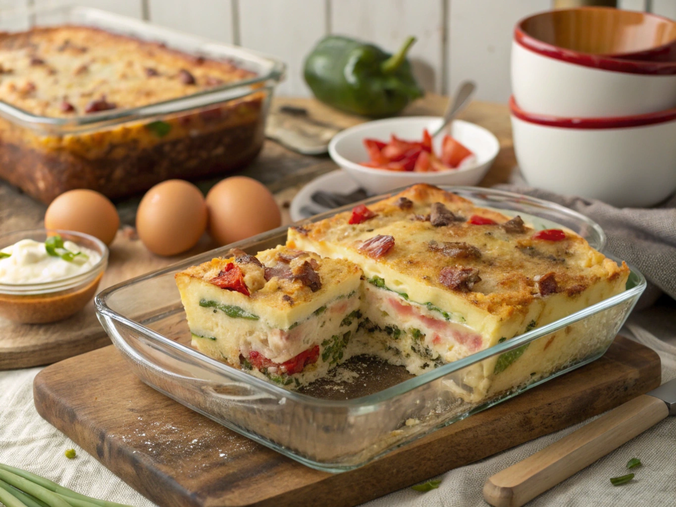 High protein breakfast casserole with eggs, cheese, lean meats, and vegetables in a glass dish on a rustic kitchen counter.