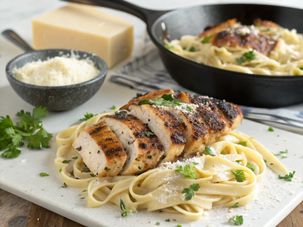 Blackened chicken Alfredo with creamy fettuccine pasta, garnished with Parmesan and parsley.