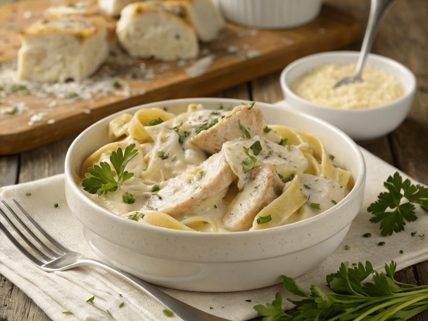 Olive Garden-inspired chicken tortellini alfredo served in a white bowl, topped with parsley and Parmesan cheese on a rustic wooden table.