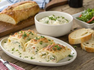 Chicken Alfredo Lasagna Rolls served with creamy Alfredo sauce, garlic bread, and a side salad.