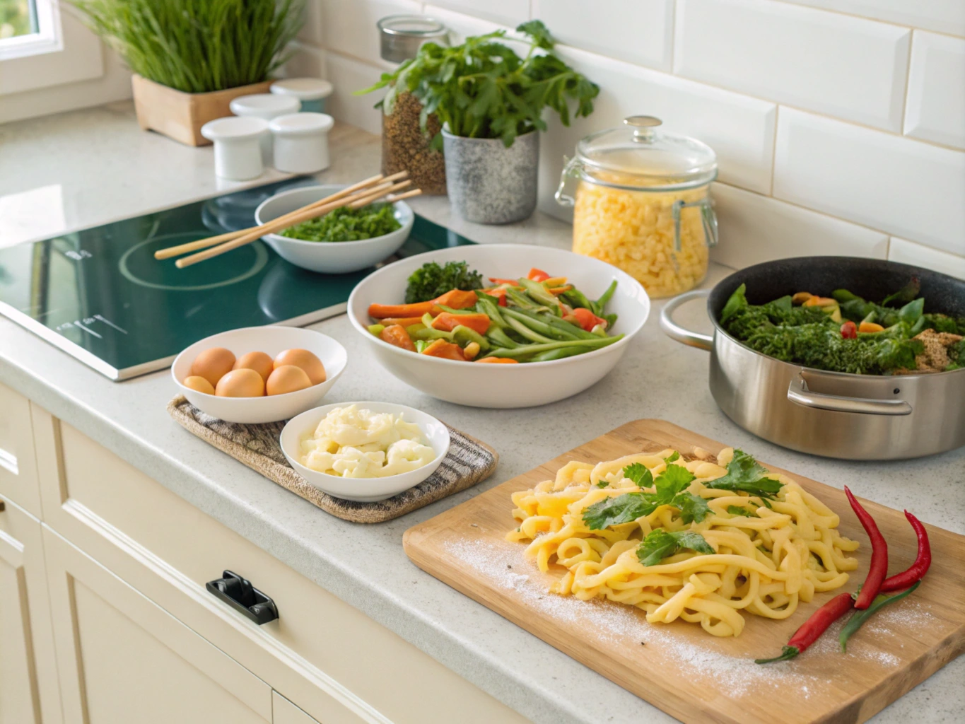 Simple, easy-to-cook meals like pasta, scrambled eggs, and vegetables on a kitchen countertop.