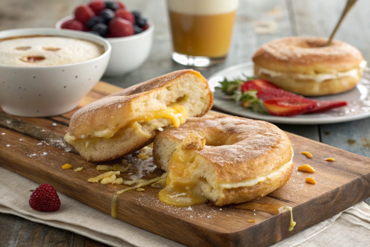 Donut grilled cheese sandwich with melted cheese spilling out, served on a wooden board with fresh fruit and a cappuccino in the background.