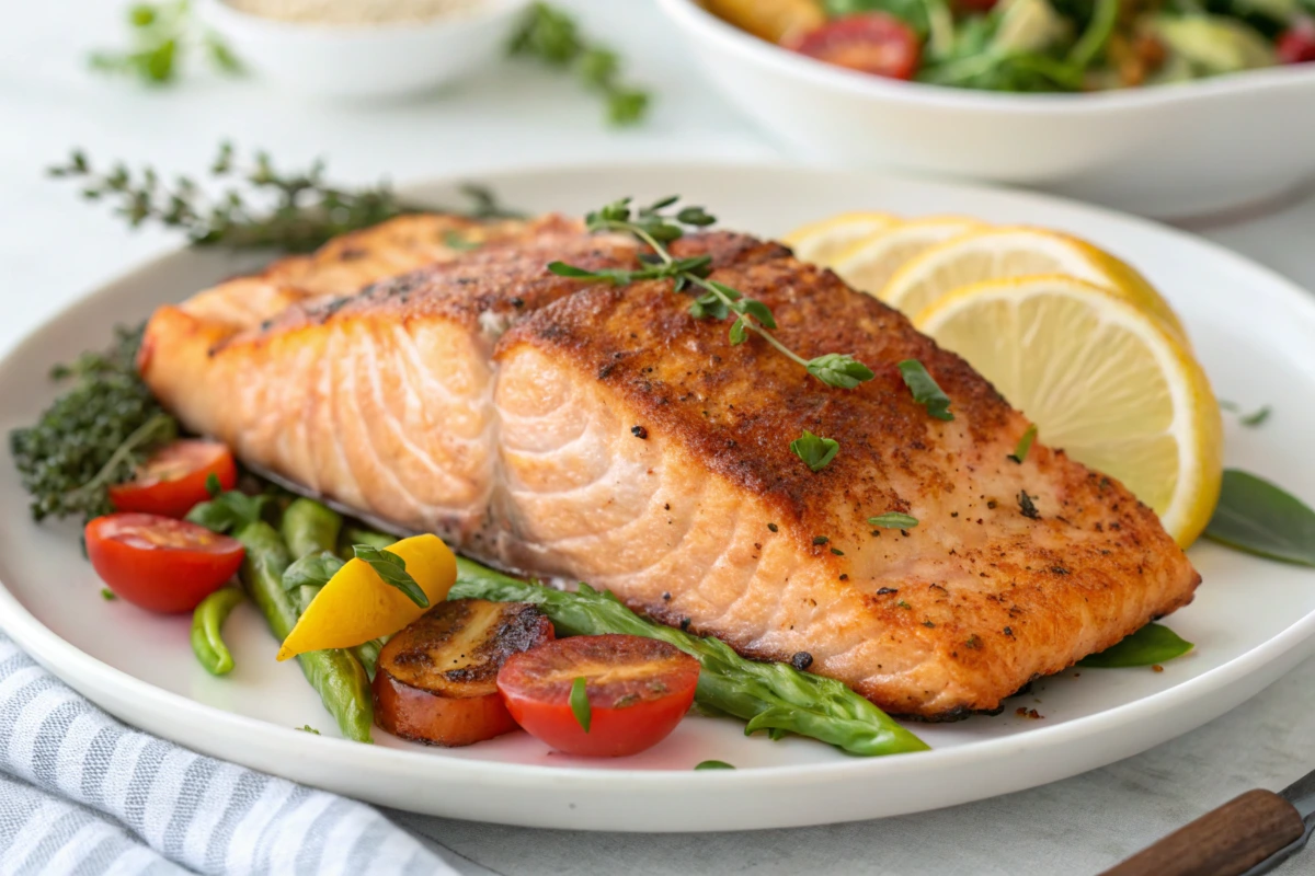 Crispy air fryer salmon fillet garnished with dill and lemon.