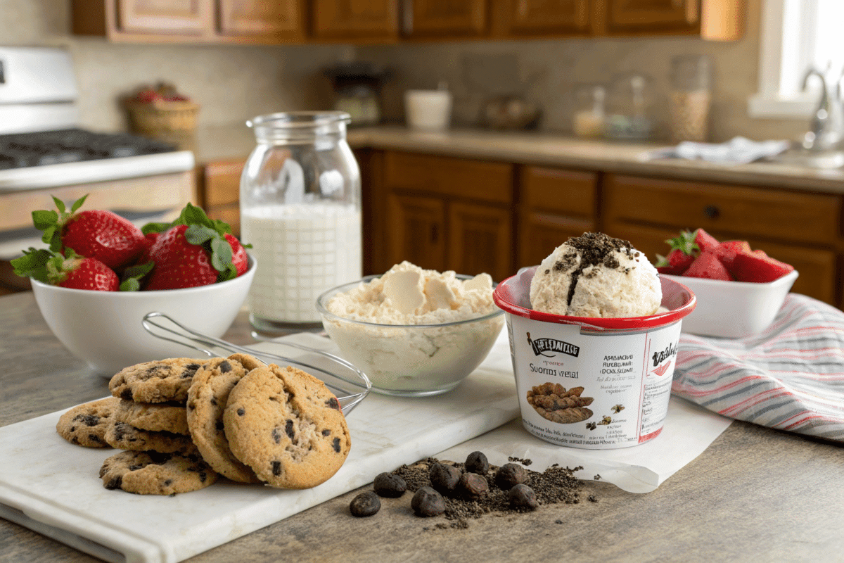 Hy-Vee To-Go Cookies & Cream Mix packaging displayed on a kitchen counter with fresh ingredients.