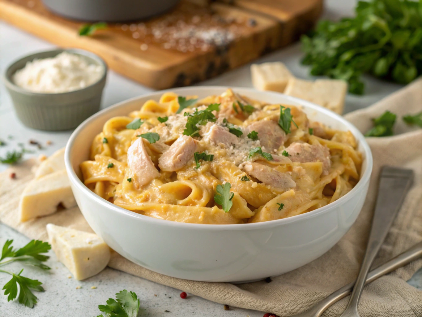 Close-up of a creamy chicken pasta bake garnished with fresh herbs, served on a rustic table, perfect for a family lunch idea using leftover chicken.